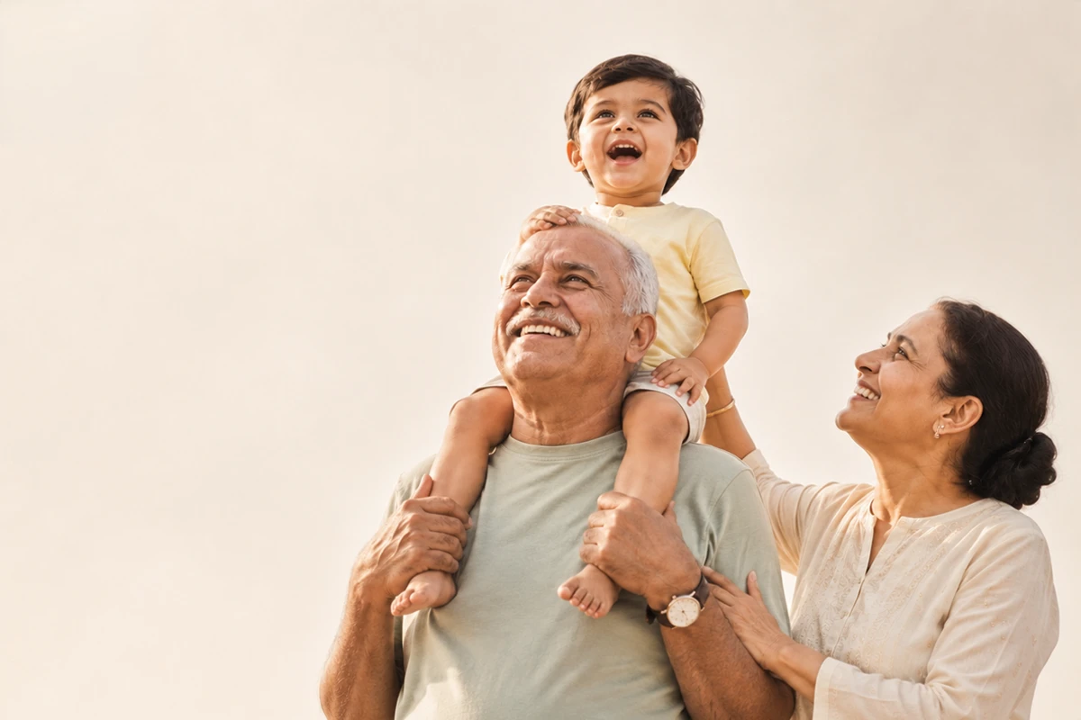 Grandparent carrying a laughing grandchild on his shoulders, family smiling together