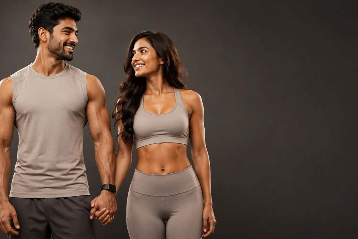 A couple in athletic wear smiling and holding hands