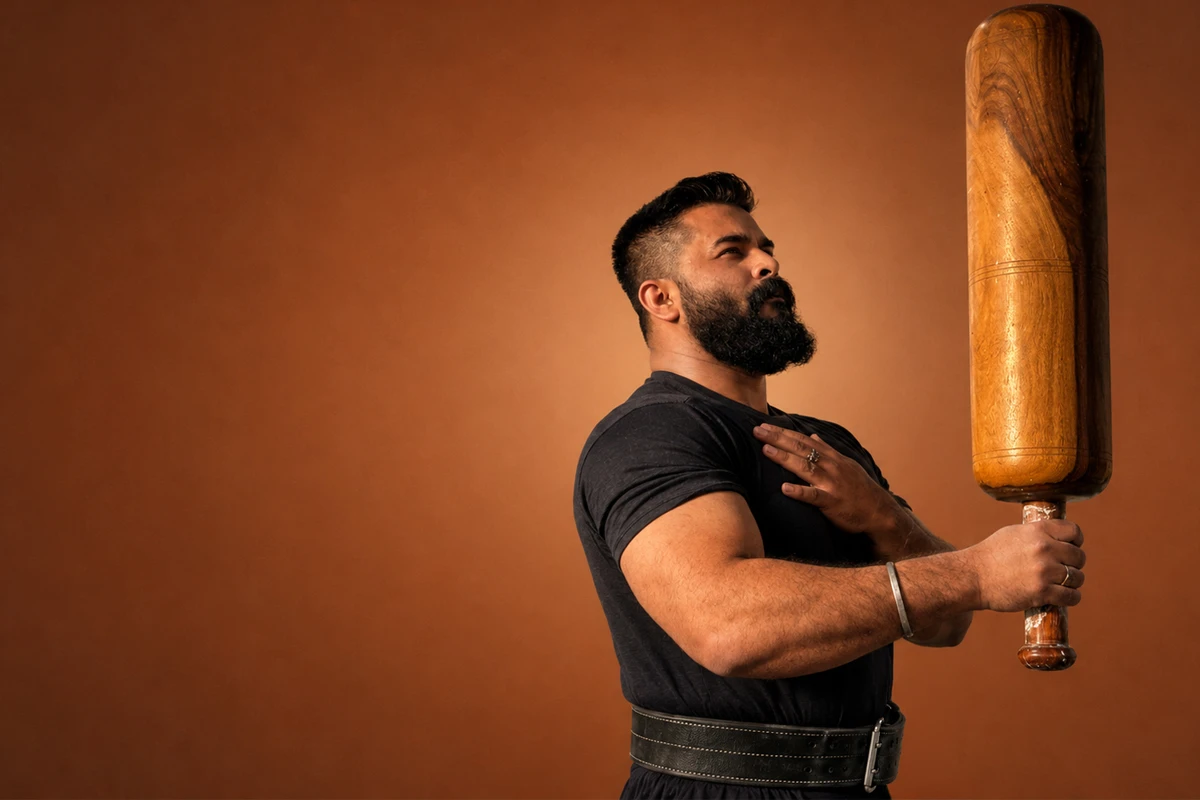 Coach Sid holding a mudgar, editorial studio portrait